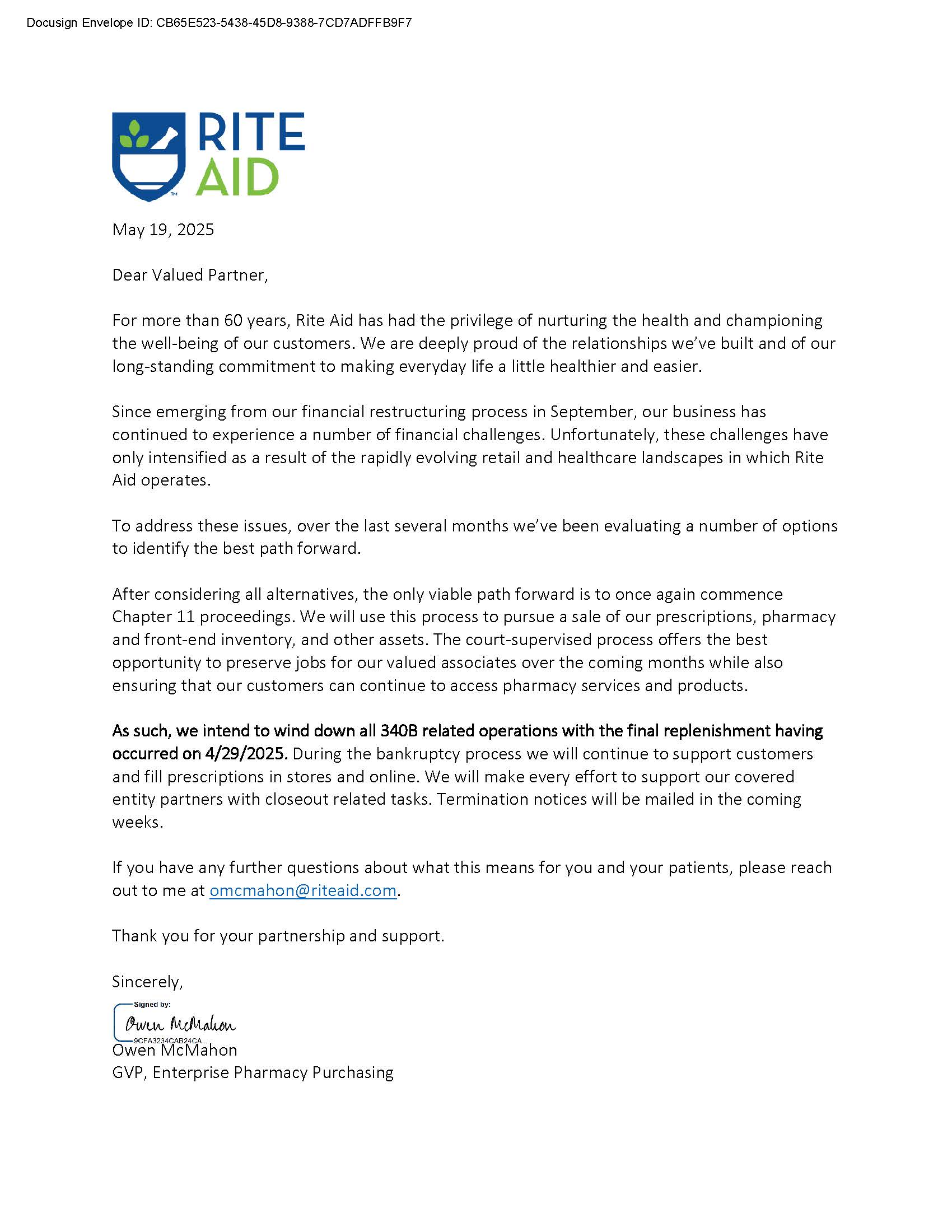 RIte Aid 340B Notification